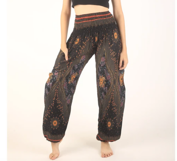 Gypsy Pants - Hearts & Flowers, Black - Wanderlust Apparel SA