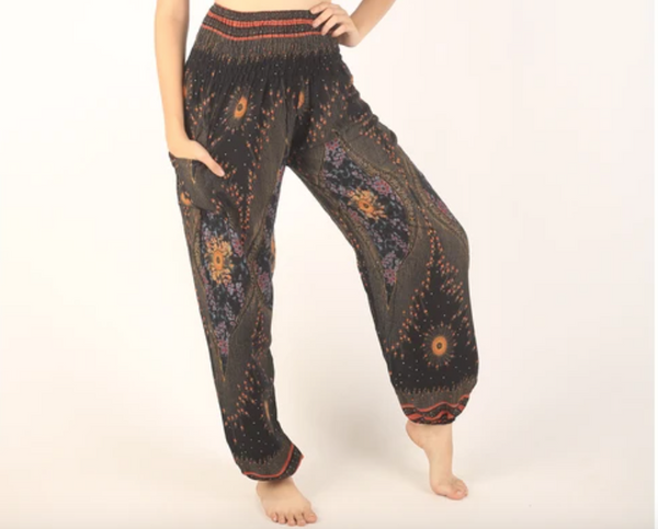 Gypsy Pants - Hearts & Flowers, Black - Wanderlust Apparel SA