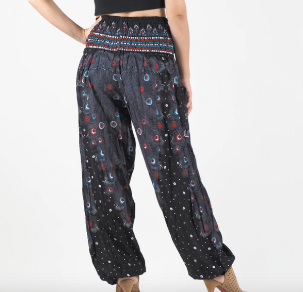 Gypsy Pants - Peacock Fantasy, Black - Wanderlust Apparel SA