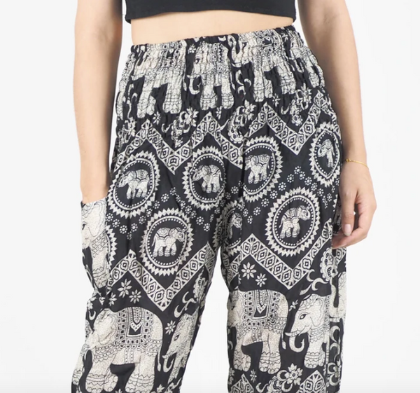 Gypsy Pants - Elephant Circles, Black - Wanderlust Apparel SA