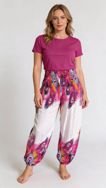 Gypsy Pants - Feathers White & Pink