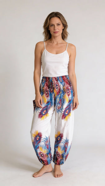 Gypsy Pants - Feathers White & Blue