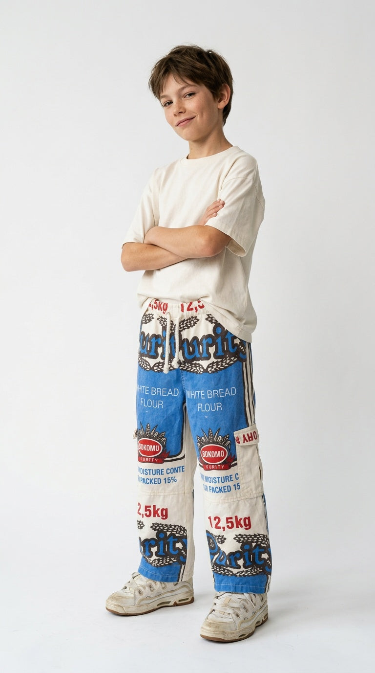 Boy in an off-white tee and chunky sneakers wearing kids’ Purity flour bag cargo pants with drawstring waist