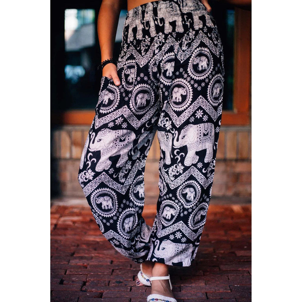 Gypsy Pants - Elephant Circles, Black - Wanderlust Apparel SA