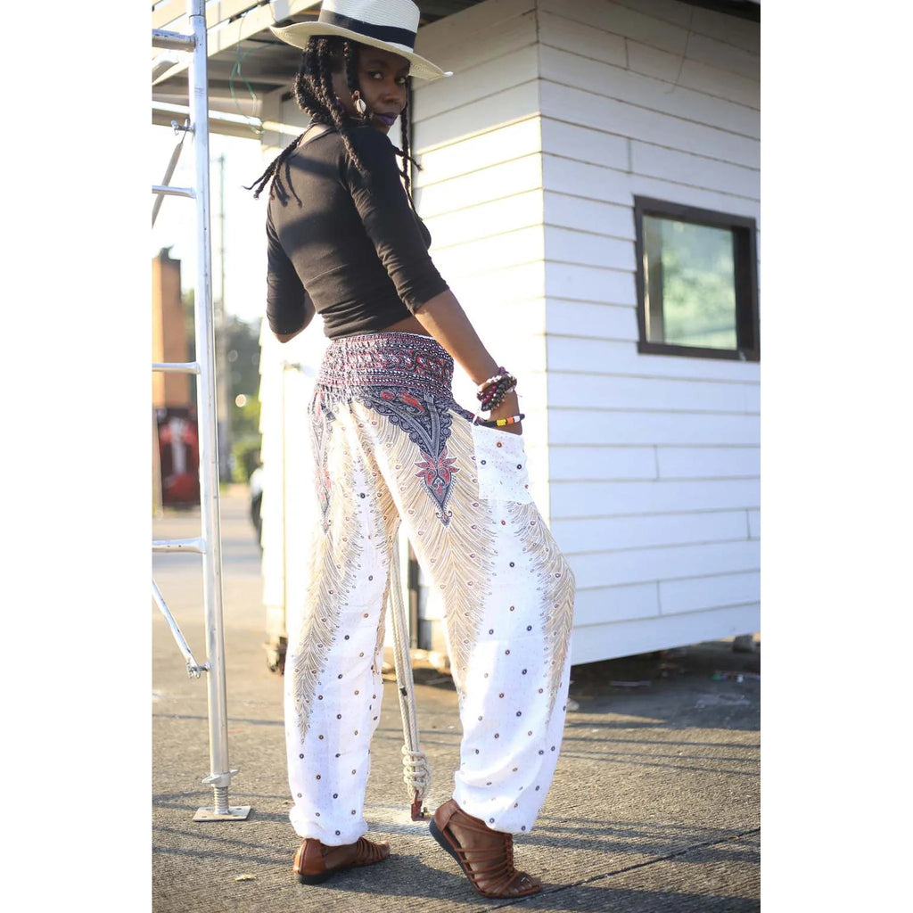 Gypsy Pants - Peacock Feather, White