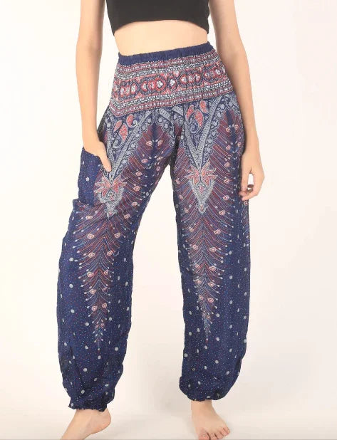 Bohemian harem pants with intricate paisley print, perfect for gypsy or hippie fashion styles.