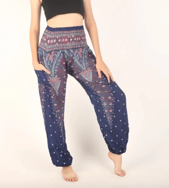 Bohemian harem pants with paisley print, ideal for gypsy or hippie style