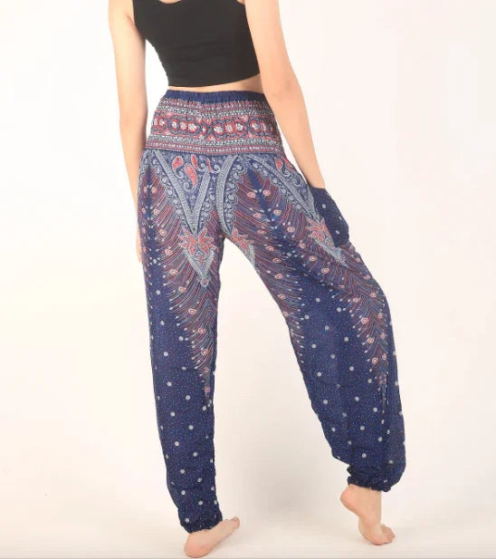Bohemian harem pants with intricate paisley print, perfect for gypsy or hippie fashion styles.