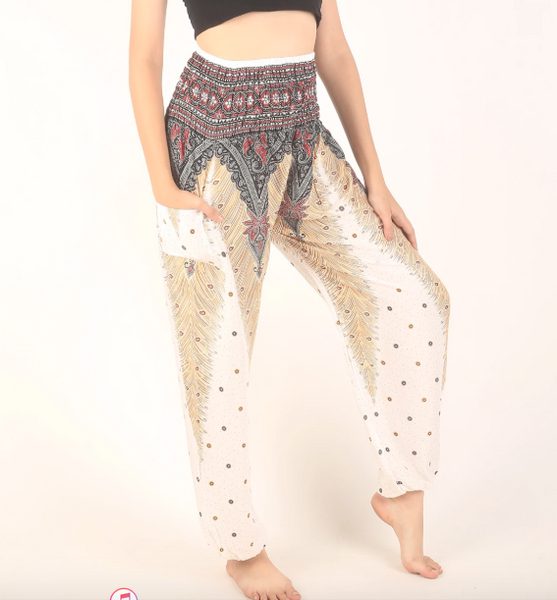 Gypsy Pants - Peacock Feather, White - Wanderlust Apparel SA