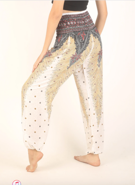 Gypsy Pants - Peacock Feather, White