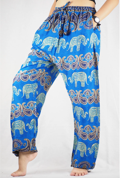 Drawstring Pants - Elephants & Paisley - Blue